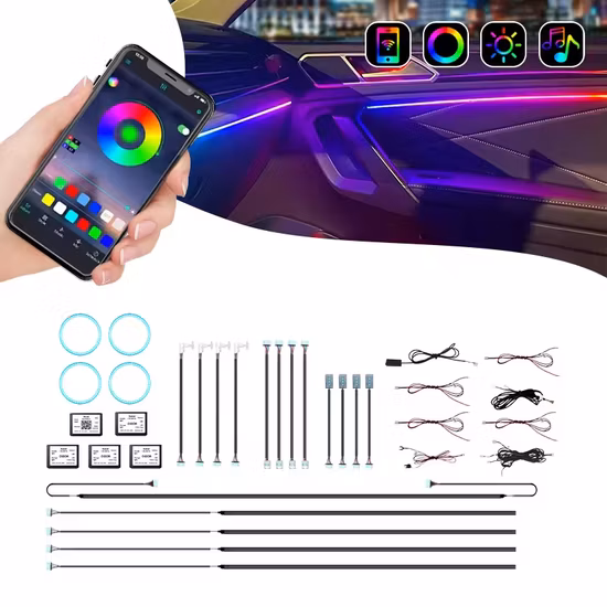 7 colores estilo de coche Control de música 48LEDs coche RGB LED tira de luz atmósfera Kit de lámpara con luces interiores remotas IR